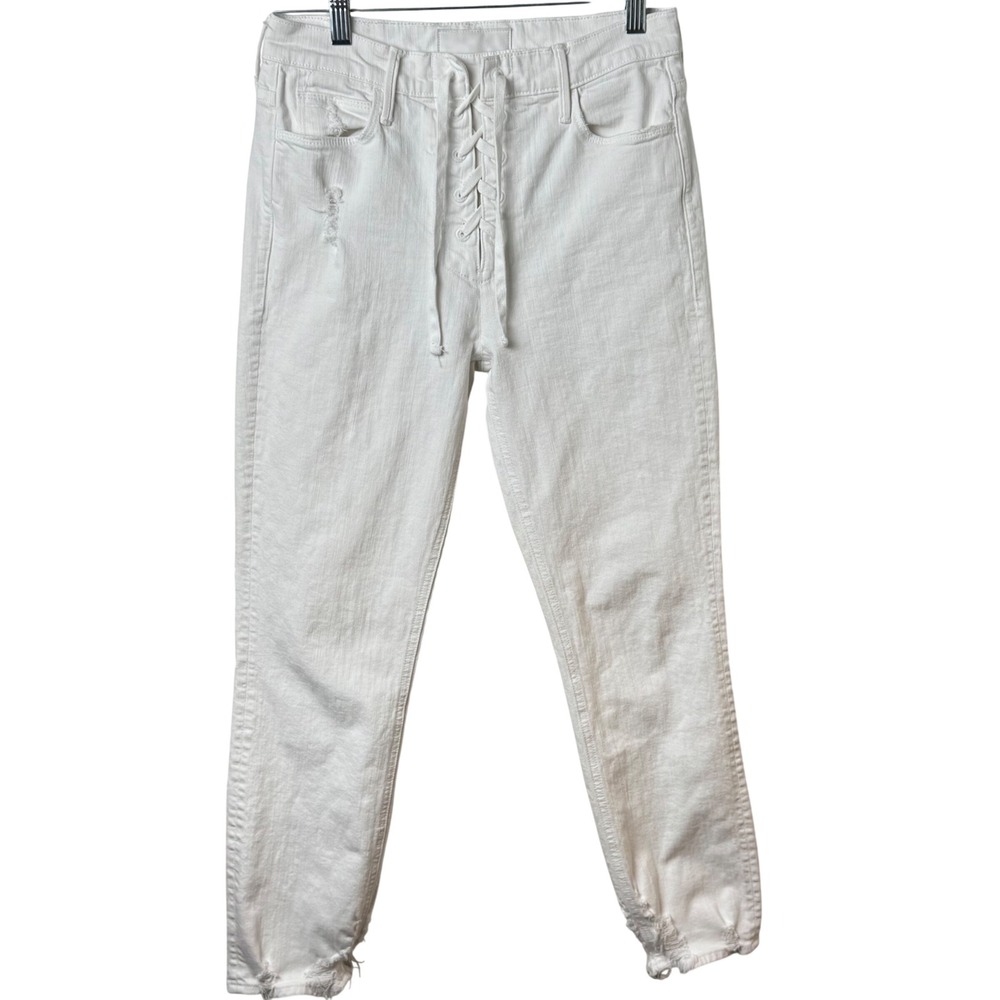 MOTHER Superior Denim Jeans 29 White Lace Up Front‎ Distressed Raw Hem Dazzler